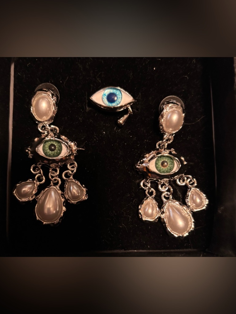 Mystic Green Eye Pearl Drop Earrings and Blue Eye Ring w/ Teardrop Set #134